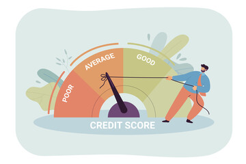 Poster - Businessman pulling speedometer from poor to good performance. Person changing credit report for better flat vector illustration. Credit score, customer satisfaction, loan, debt concept for banner