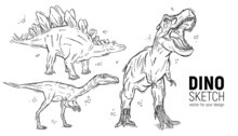 Set Of Hand-drawn Dinosaur Sketches.Stegosaurus, Tyrannosaurus And Deinonychus