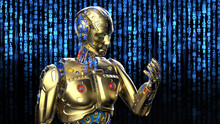 Detailed Appearance Of The Gold AI Robot In Shadow Under Matrix Code Background With The Blue Digital Symbols. Dangerous Criminal Concept Image. 3D CG. 3D Illustration. 3D High Quality Rendering.
