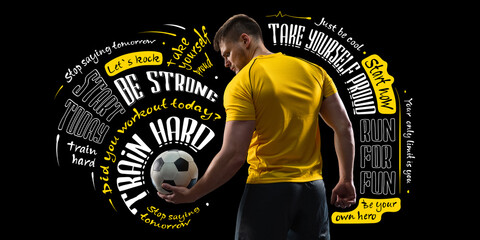 Poster. Back view of sportive young man, professional football player standing with ball isolated on dark background with lettering, graphics