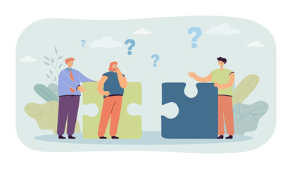 Canvas Print - team of tiny business people thinking about connecting puzzle. male person holding piece of jigsaw f