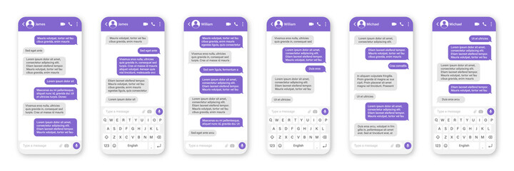 Messaging app design, user interface. SMS text frame. Conversation chat screen with violet message bubbles and placeholder text. Social media application. Vector illustration.