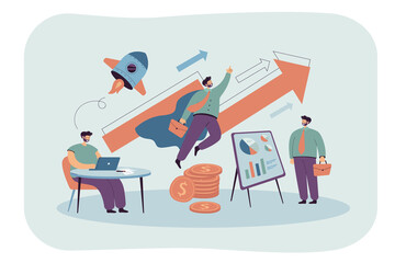 Poster - Businessman working at table and flying like superhero. Man presenting ideas or innovation, and becoming leader flat vector illustration. Startup, career growth, entrepreneurship, innovation concept