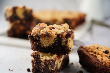 Poster - Homemade brookies or chocolate chip brownie bars, selective focus