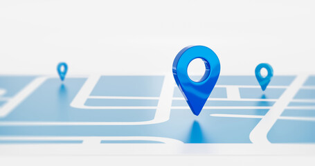Fototapete - Blue location symbol pin icon sign or navigation locator map travel gps direction pointer and marker place position point design element on route graphic road mark destination background. 3D render.
