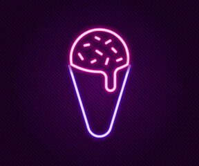 Sticker - Glowing neon line Ice cream in waffle cone icon isolated on black background. Sweet symbol. Colorful outline concept. Vector