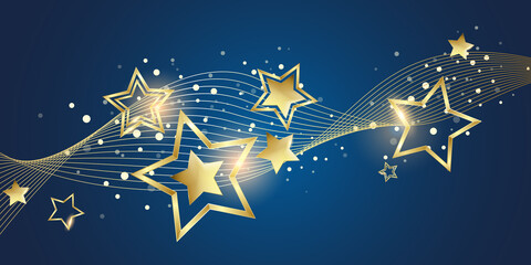 Wall Mural - Gold christmas stars on a blue background - Merry Christmas and Happy New Year banner - Glitter design