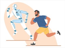 Robot And Human Running Marathon Race, Flat Vector Illustration. Ai, Robotic Machine Winning Competition.