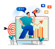 Digital marketing concept in modern flat design. Man with megaphone announcing and attracting new customers. Online promotion, targeting, data analysis and advertising campaign. Vector illustration