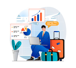 Poster - Freelance working concept in modern flat design. Businessman working on laptop while sitting in waiting room at airport. Remote worker performs tasks online on business trip. Vector illustration
