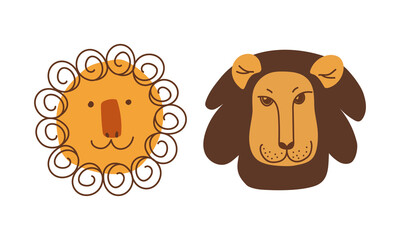 Poster - Funny Lion Snout as African Animal with Mane Doodle Vector Set