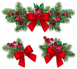 Wall Mural - Vector Christmas decoration with pine tree branches and red bow and red berries. Christmas concept