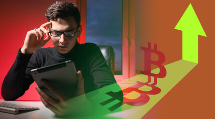 Poster - Bitcoin trading. Young bitcoin investor with tablet. He is watching growth of cryptocurrency. Growth arrow next to bitcoin logo. Cryptocurrency trading. Buying cryptocurrencies for investment