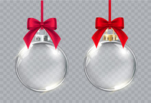 Collection Of Vector Realistic Transparent Christmas Balls With Red Bows On A Light Abstract Background. Christmas Decoration. 