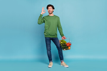 Full size photo of young smiling male go shopping buy groceries show okay gesture isolated on blue color background