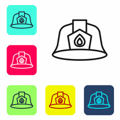 Wall Mural - Black line Firefighter helmet or fireman hat icon isolated on white background. Set icons in color square buttons. Vector