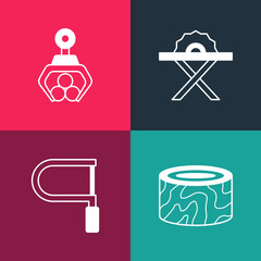 Sticker - Set pop art Tree stump, Hacksaw, Electric circular and Grapple crane grabbed log icon. Vector