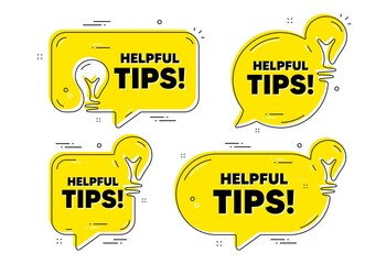 Poster - Helpful tips text. Idea yellow chat bubbles. Education faq sign. Help assistance symbol. Helpful tips chat message banners. Idea lightbulb balloons. Vector
