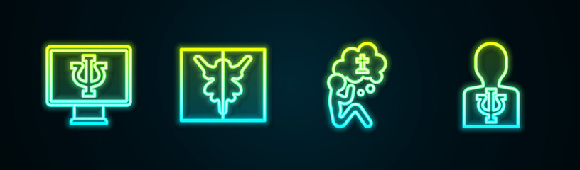 Sticker - Set line Psychologist online, Rorschach test, Man graves funeral sorrow and Psychology, Psi. Glowing neon icon. Vector