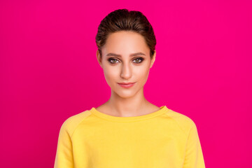 Poster - Photo of sweet adorable young lady wear yellow jumper smiling isolated pink color background