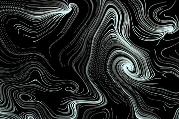 Poster - 3d abstract black white background. Ornamental flowing swirl shapes wallpaper. Spiral line art tracery surface ornament. Textured geometric repeat backdrop. Modern striped spirals design. Monochrome