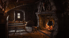 3D Rendering Of A Medieval Tavern Inn Bar With Large Open Fireplace And Cooking Pot On The Fire.