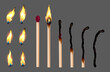 © designer_things - Set of match sticks with burning sequence. Wooden matches in different stages burning and glowing red, blown out and completely burned. Abstract realistic  illustration