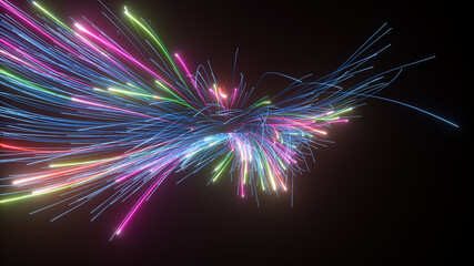 3d render, abstract neon background with chaotic glowing lines, bright laser rays, colorful festive firework burst
