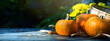 Hello autumn. Thanksgiving holiday party background, autumn pumpkin on wooden table