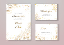 Wedding Floral Invitation Gold Lines. Pastel Shades. Save The Date, Thanks. Card Design For Certificate. Golden Pale Pink Flowers. Set Of Vector Art Templates