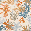 Beautiful abstract tropics seamless pattern. Grunge palm trees, tropical leaves on beige background
