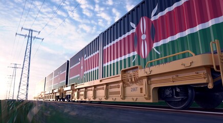 Kenyan exports. Freight train with loaded containers in motion. 