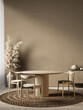Beige brown interior with dining table and chair. 3d render illustration mockup.