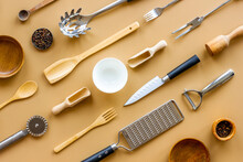 Kitchenware Cooking Tools And Utensils. Cooking Background, Flat Lay