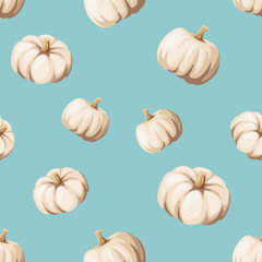 Wall Mural - Vector autumn seamless pattern with white pumpkins on a blue background.