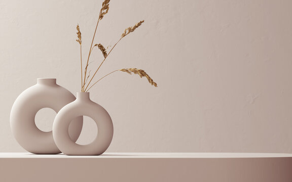 Wall Mural - Minimalist interior decor with ceramic vase and dry plant, minimal boho neutral 3d rendering aesthetic background