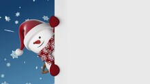 Funny Cute Snowman In Santa Claus Hat Looking Out From Behind Screen Waving Hand Smiling. 3d Cartoon Animation Green Screen Mask. Useful For Your Text And Pictures. Merry Christmas Happy New Year.