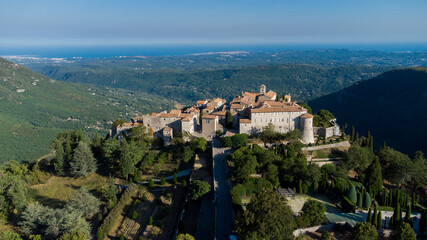 Sticker - Aerial view of the medieval village of Gourdon in Provence, France - Stone houses built on the edge of a cliff in the mountains of the Gorges du Loup on the French Riviera