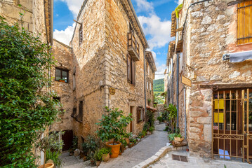 Wall Mural - Homes and shops inside the narrow alleys and winding streets of the medieval stone village of Tourrettes Sur Loup in Southern France.