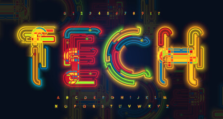 neon light font, alphabet for hud, data and research. bright luminous tube letters from contour line