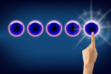 Poster - Touching Star rating and negative reviews concept, reputation management, Increase rating company or ranking, evaluation and review concepts. Businessman rating five stars