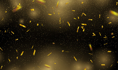 Poster - Golden confetti on black background. Many falling gold tiny confetti. Celebration Event and Party. Sparkling magical dust particles. Christmas light effect. Christmas background. Vector EPS10
