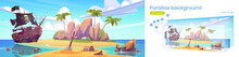 Tropical Island With Pirate Ship And Treasure Chest On Beach. Vector Parallax Background For Game Animation With Cartoon Sea Landscape With Wooden Boat With Skull On Sails And Palm Trees On Coast