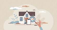 Real Estate Appraiser As Property Evaluation For Sale Tiny Person Concept. Estimate Value Inspection And Assessment As Housing Appraisal Service Vector Illustration. Residential Home Review And Report