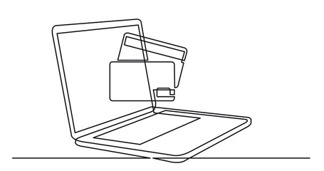 Poster - one line drawing of laptop computer with credit cards as business concept of online shopping
