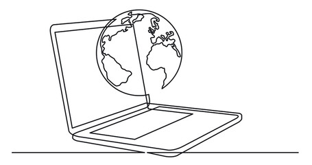Poster - one line drawing of laptop computer with earth globe as business concept of global economy