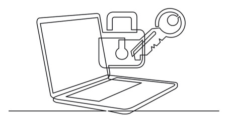 Poster - one line drawing of laptop computer with lock and key as business concept of cyber security