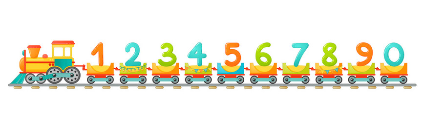 Train kids with numbers in cartoon style. Vector numbers for children math education in school, preschool and kindergarten.