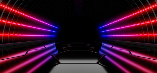 Fototapete - Sci Fy neon lamps in a dark corridor. Reflections on the floor and walls. 3d rendering image.