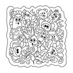 Coloring book. Hand drawn Doodle Monsters. Face emotions, Abstract shapes, Cartoon Vector illustartions